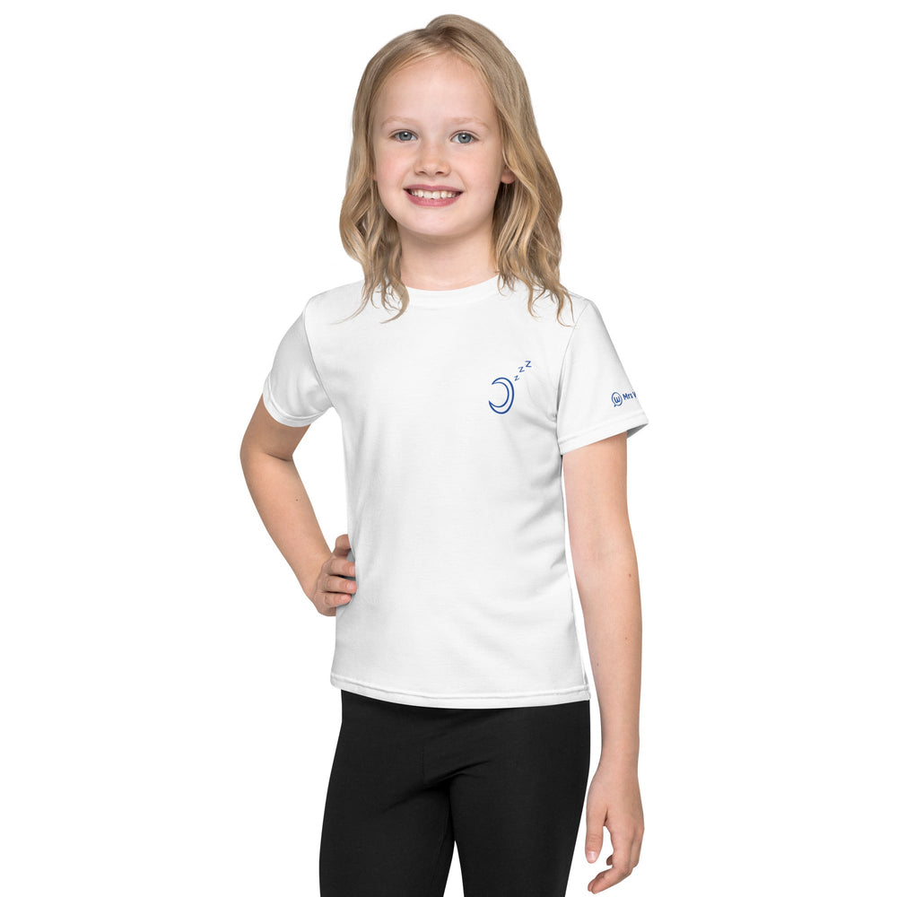 White kids' crew neck t-shirt with all-over print, front view.