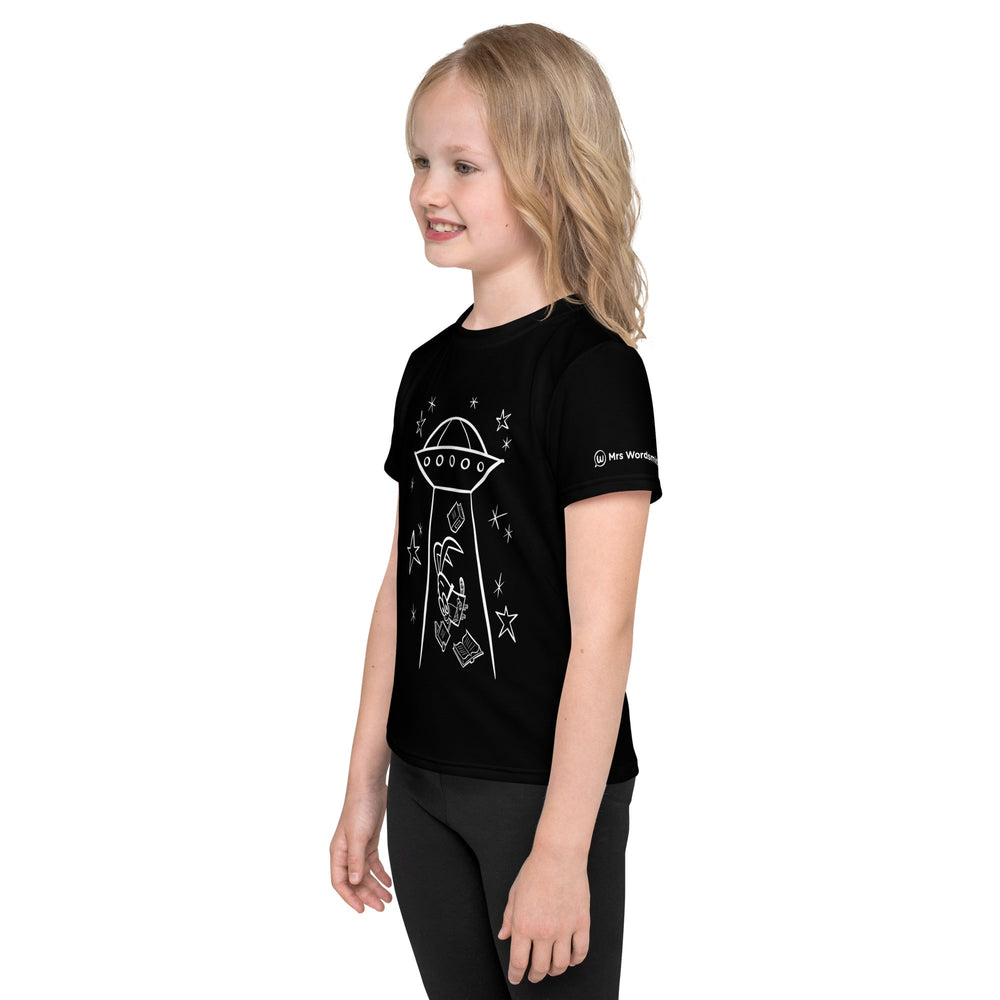 Kids' white alien print crew neck t-shirt, left view.
