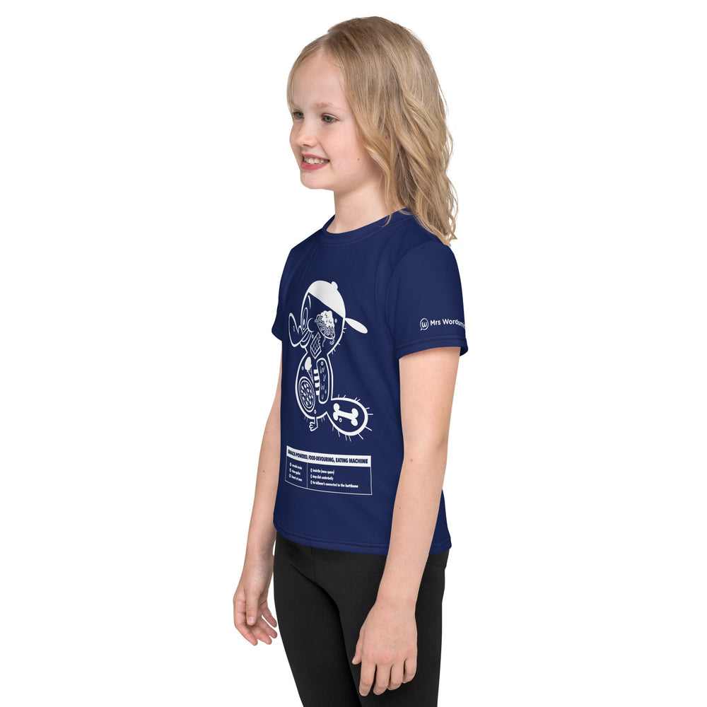 Kid wearing white all-over-print crew neck t-shirt, left view