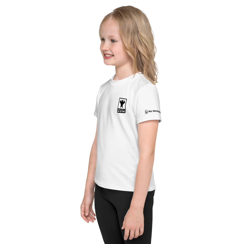 White kids crew neck t-shirt with logo on girl, left view