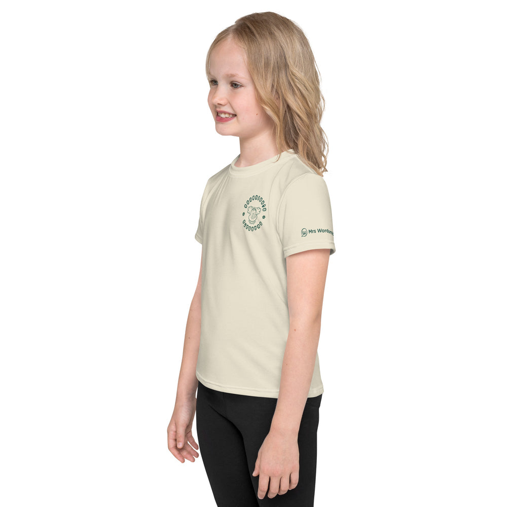 Girl wearing white all-over-print crew neck t-shirt