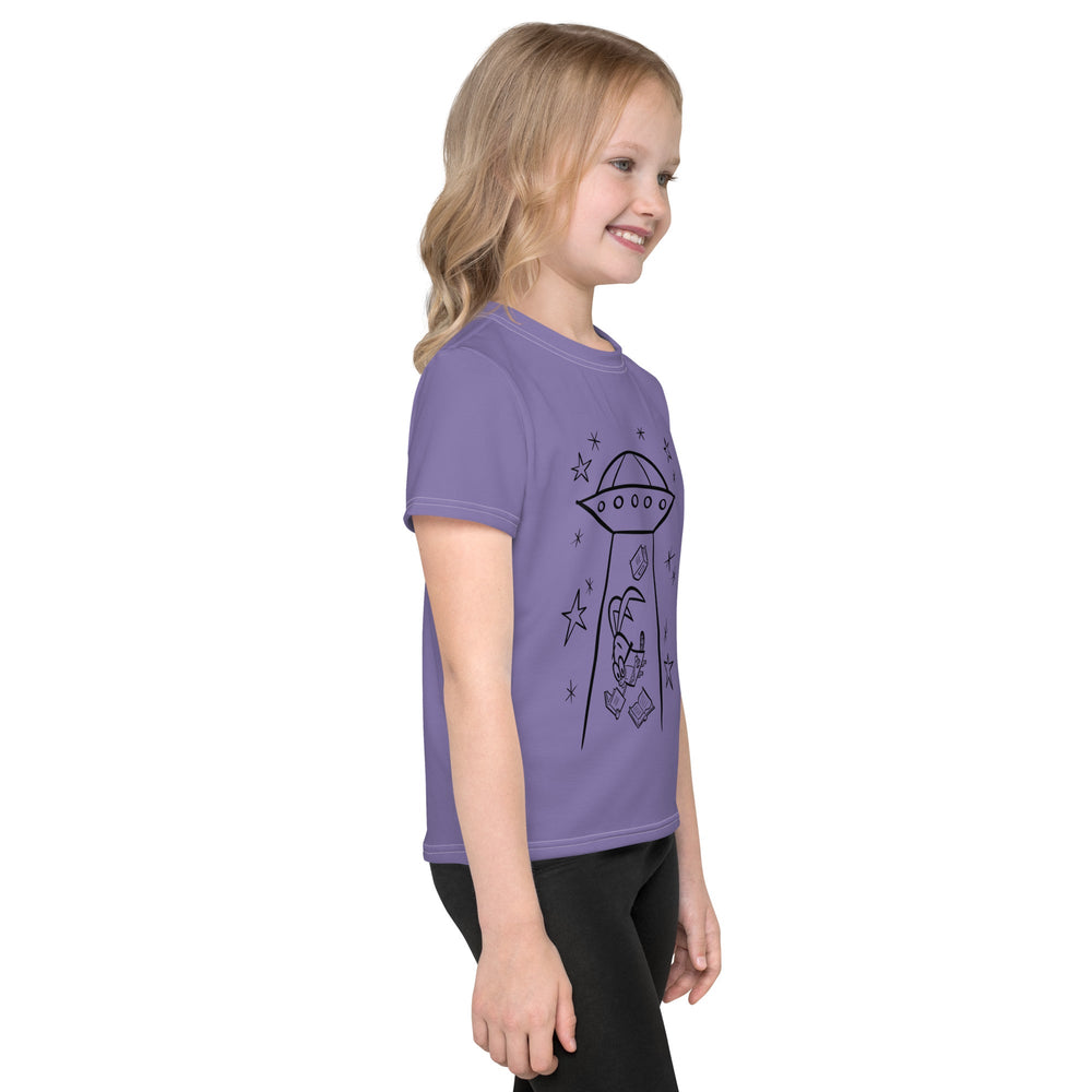 Girl in white kids all-over-print crew neck t-shirt with UFO graphic