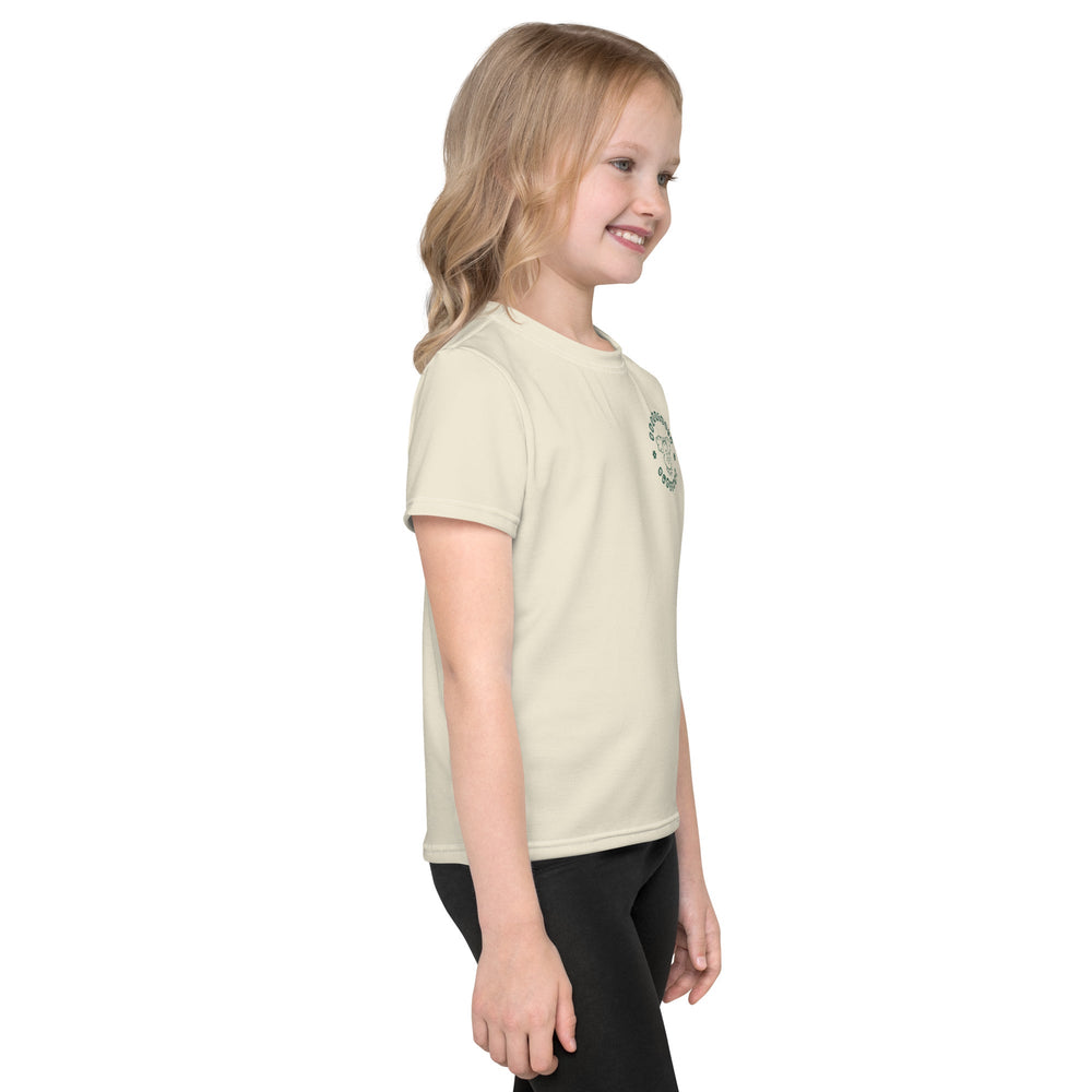 White kids' crew neck t-shirt with all-over print, right side view.