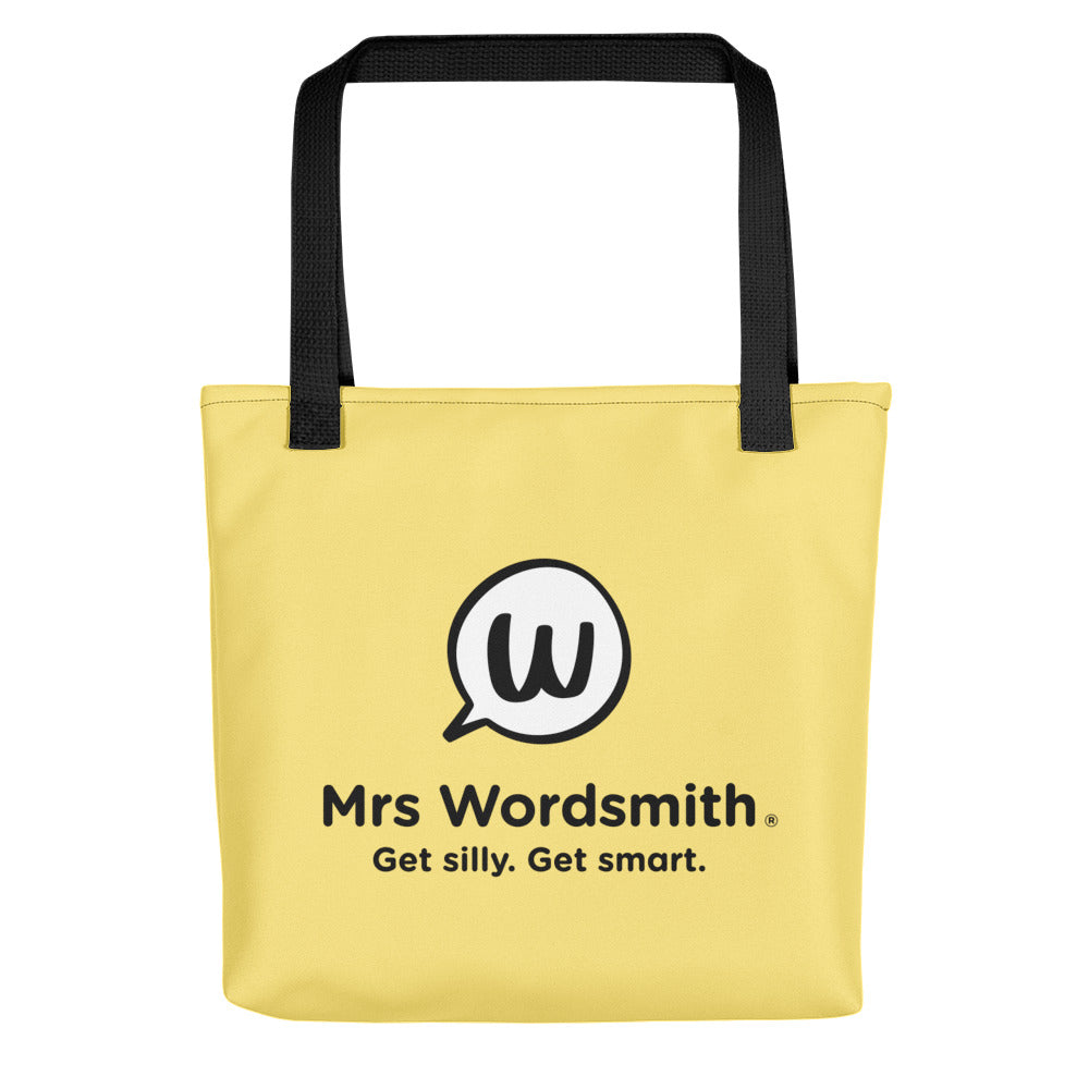 Yellow Mrs. Wordsmith tote bag, black handles, 15x15, back view.