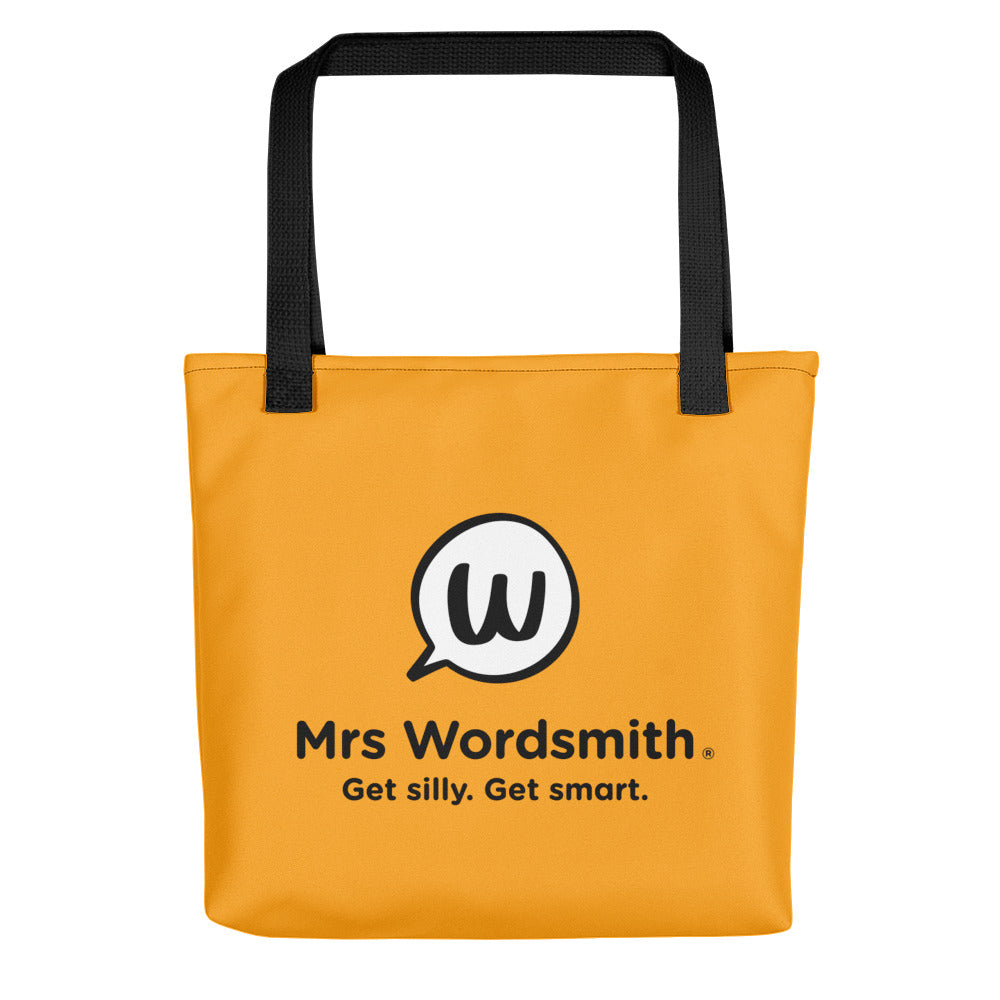 Black tote bag back with Mrs Wordsmith logo.