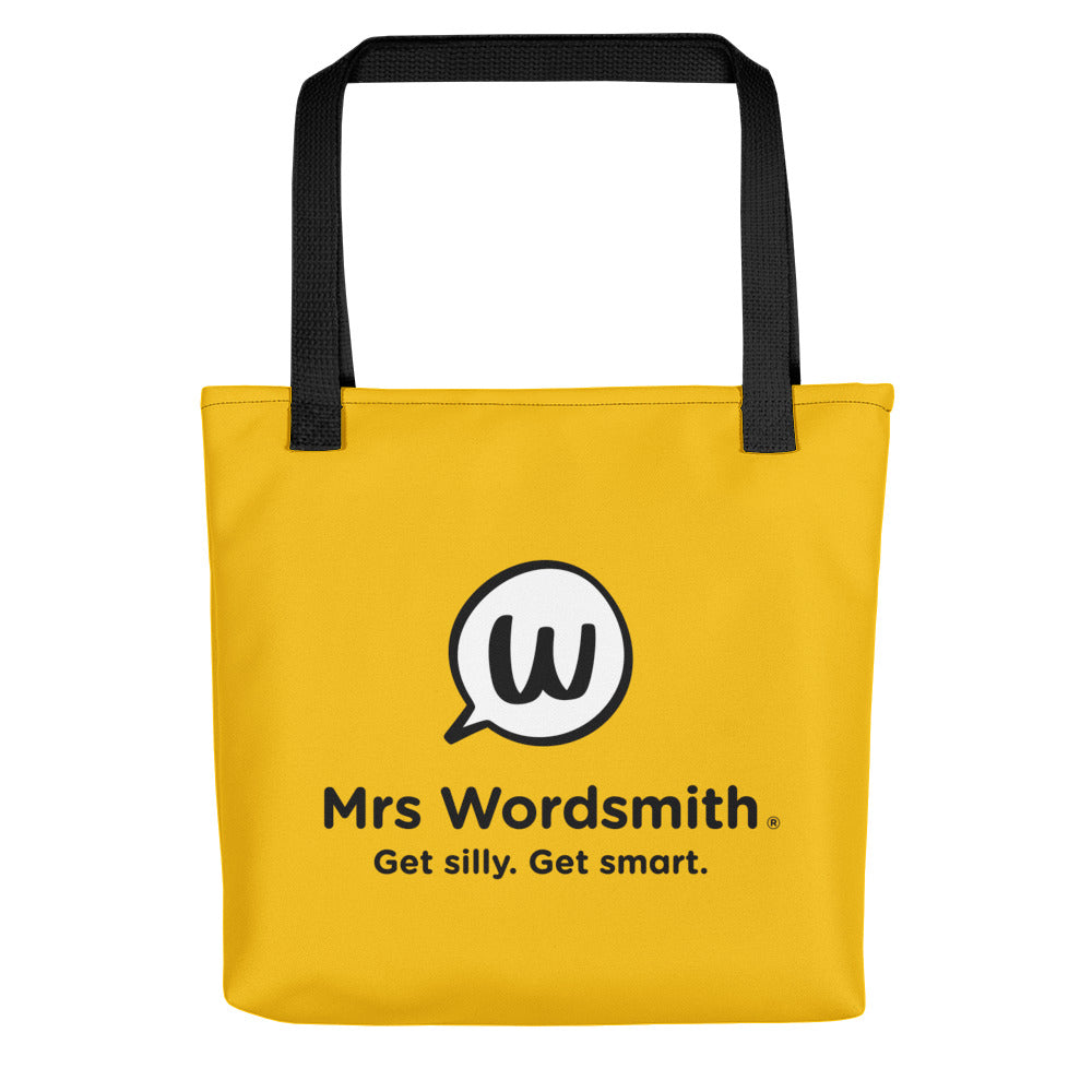 Mrs Wordsmith tote bag, black handle, yellow, back view.
