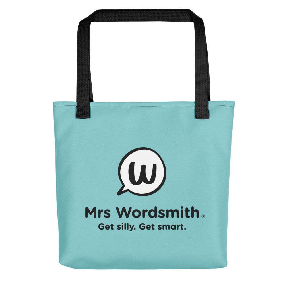 Black all-over-print Mrs. Wordsmith tote bag, 15x15, back view.