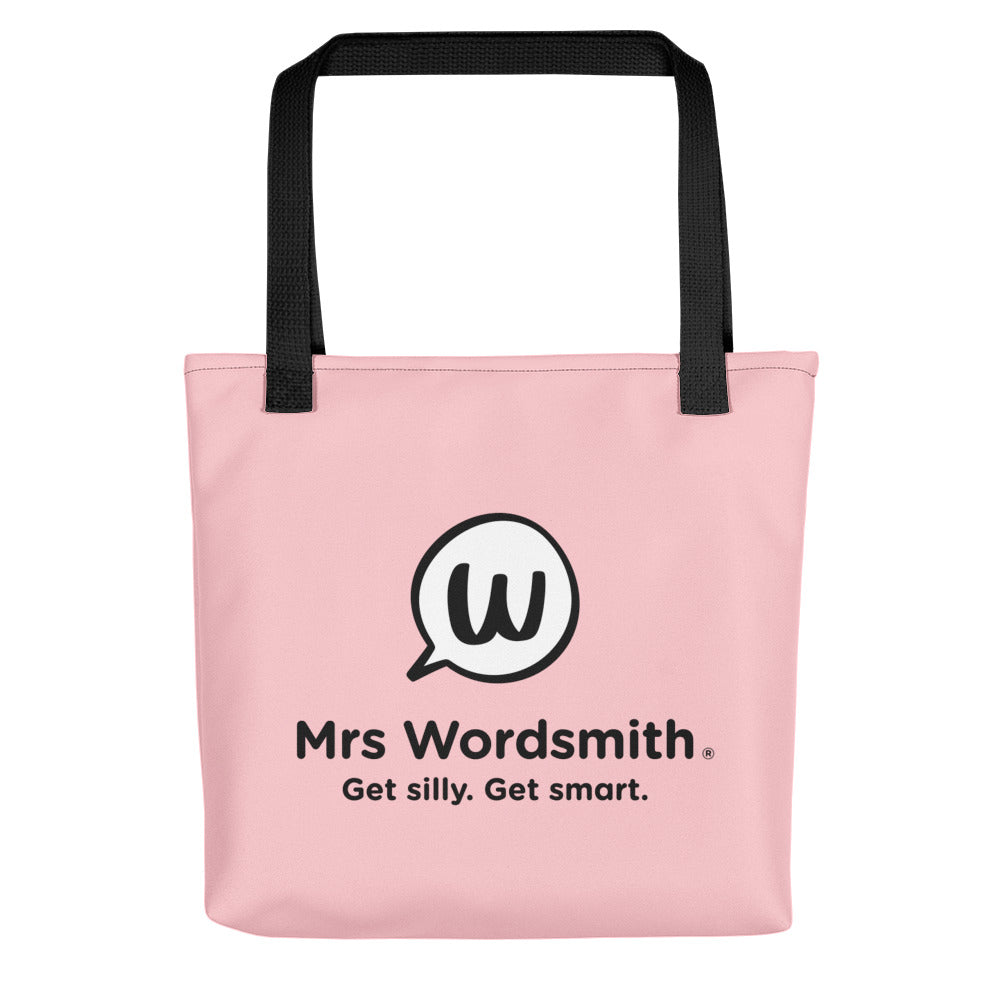 Pink Mrs. Wordsmith tote bag, all-over print, 15x15, black back.