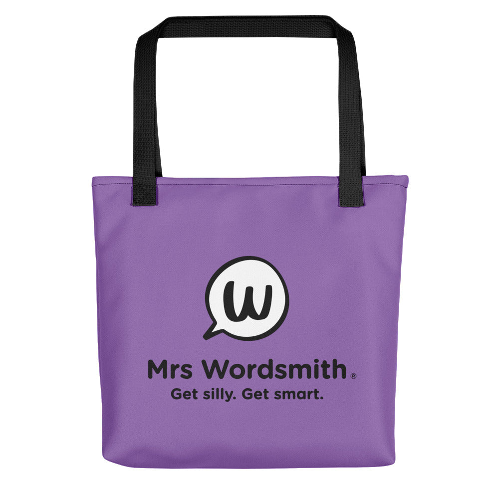 Black 15x15 all-over print tote bag, back view, Mrs Wordsmith logo.