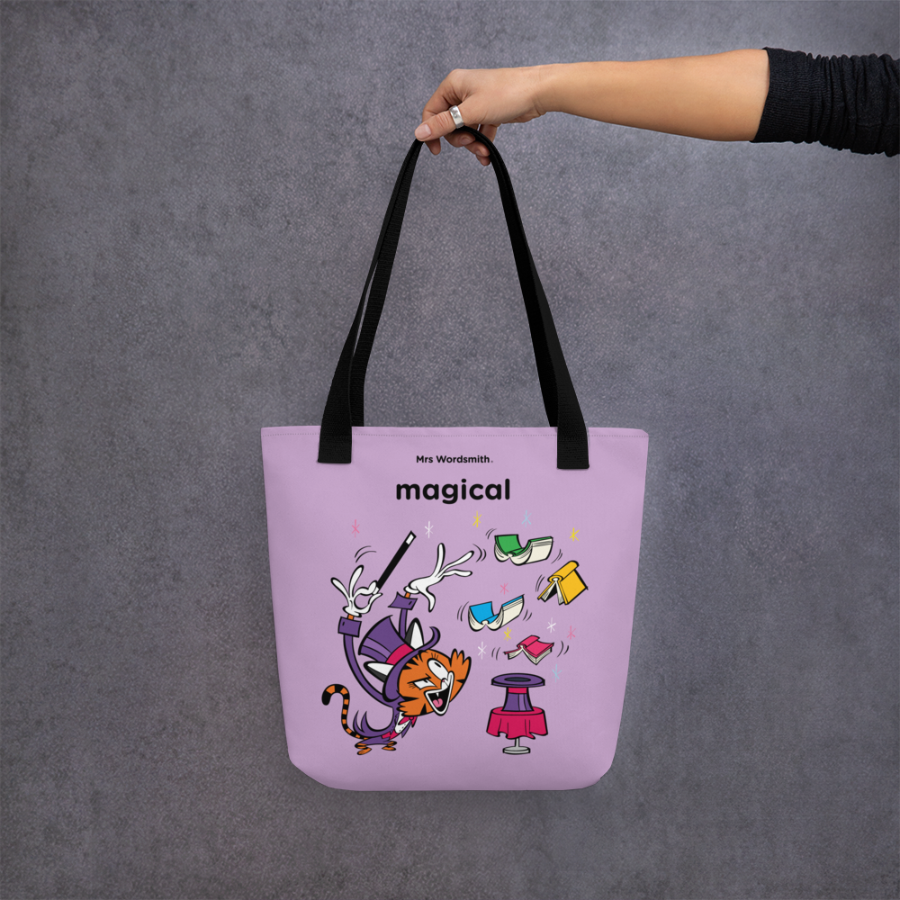 Black 15x15 all-over print tote bag featuring a magical tiger design.