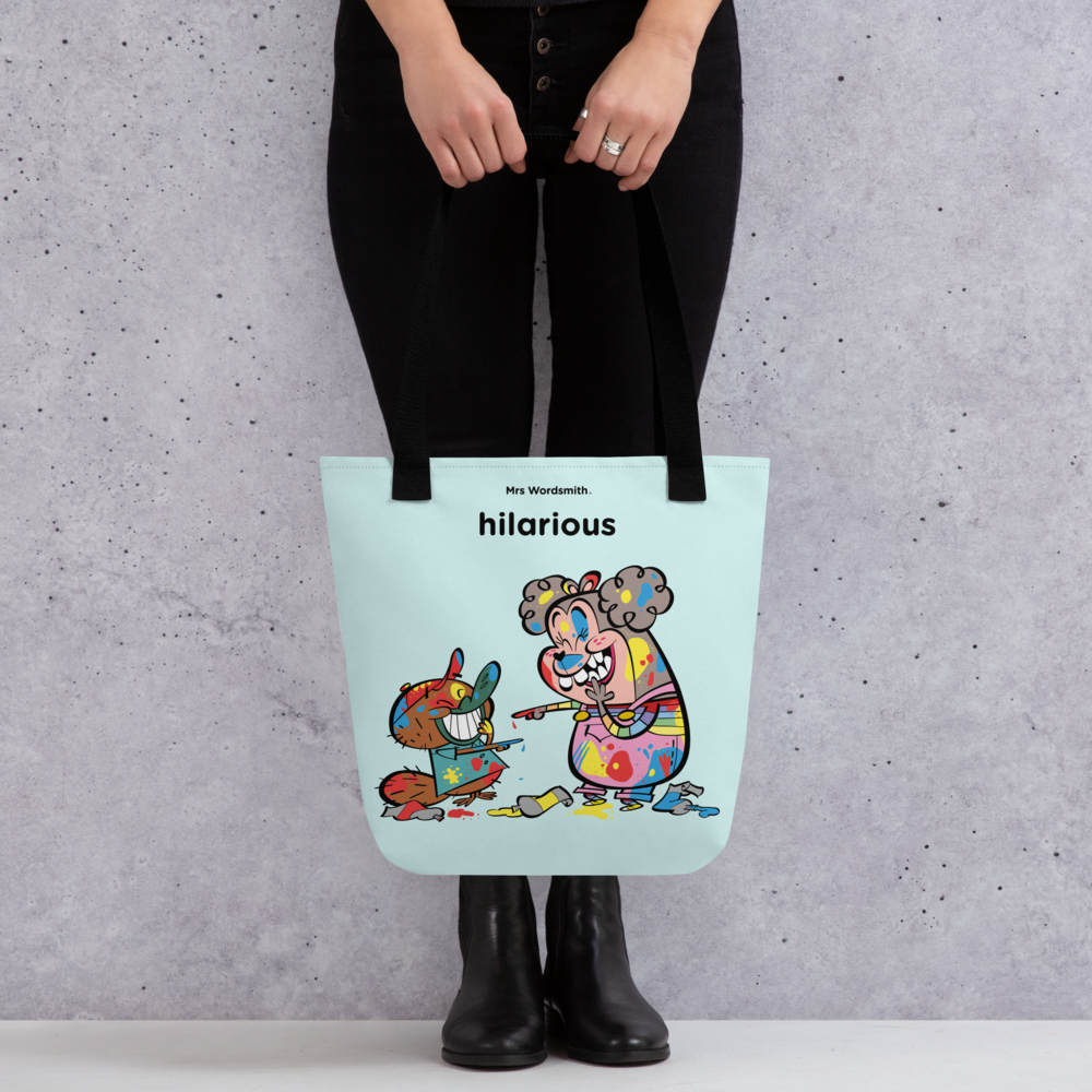 Black 15x15 front tote bag with hilarious graphic