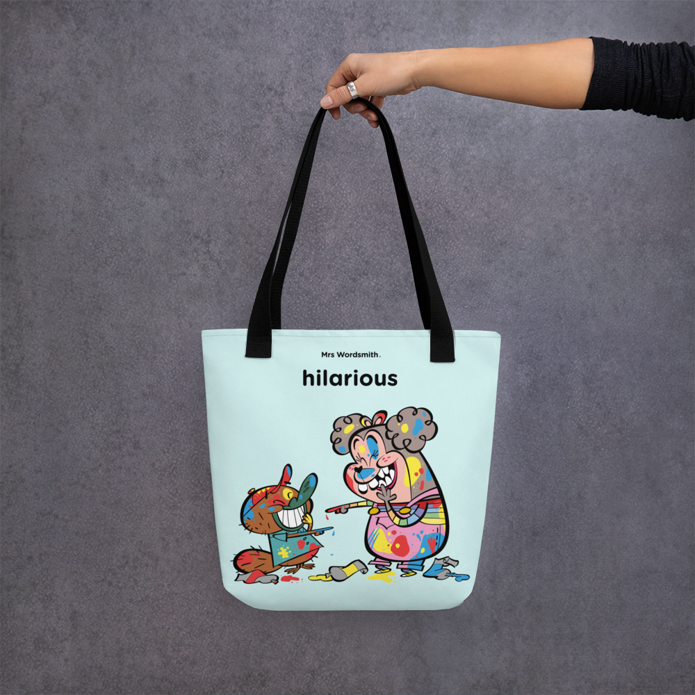 Black 15x15 front tote bag with hilarious cartoon print.
