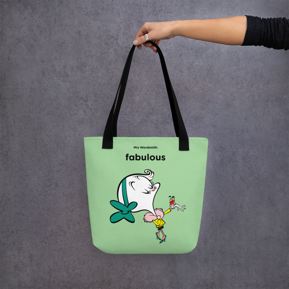 Black 15x15 front tote bag featuring Mrs. Wintworth and the word fabulous.