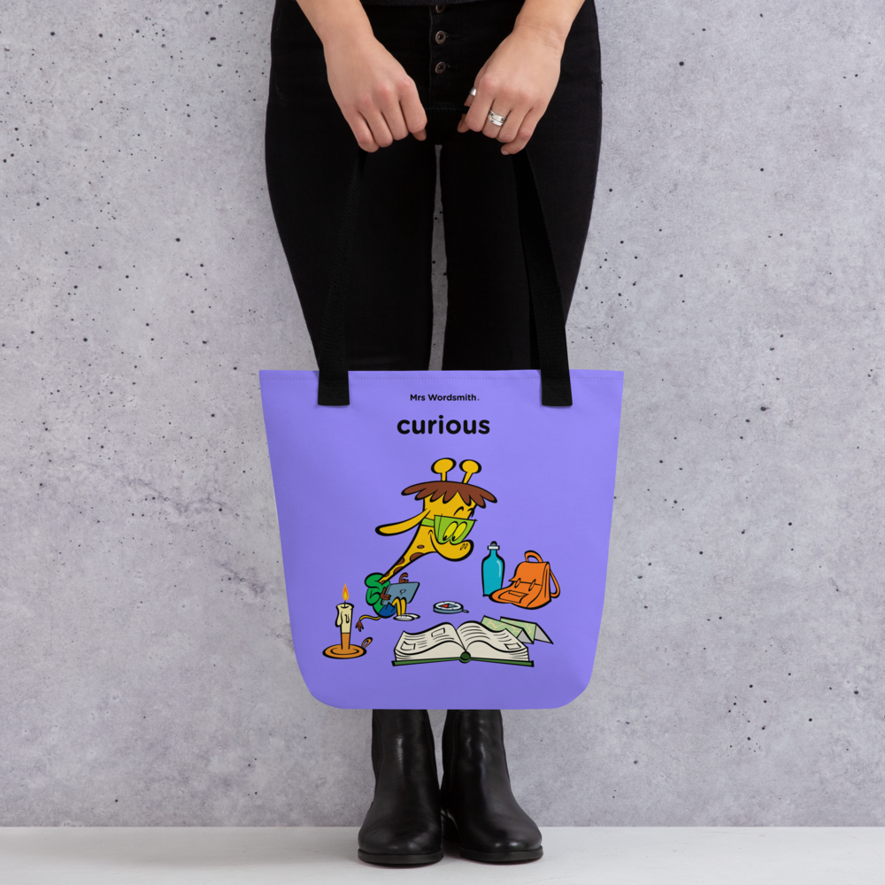 Black 15x15 all-over print tote bag with curious graphic on front.