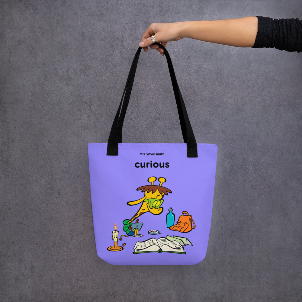 Black 15x15 all-over print tote bag with curious giraffe design.