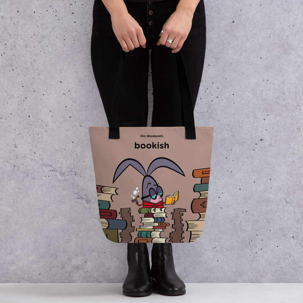 Black bookish tote bag, 15x15, front view