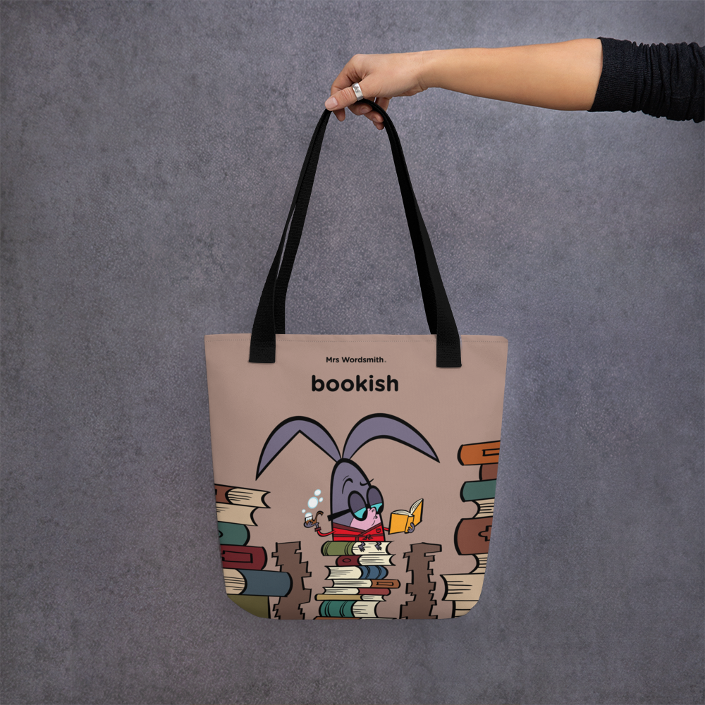 Black 15x15 bookish all-over-print tote bag front