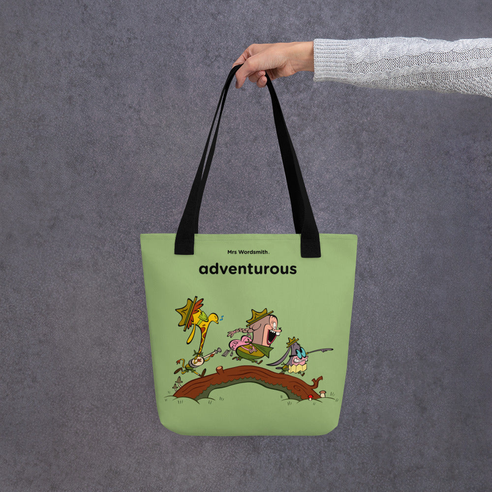 Black tote bag with adventurous print, 15x15, front view
