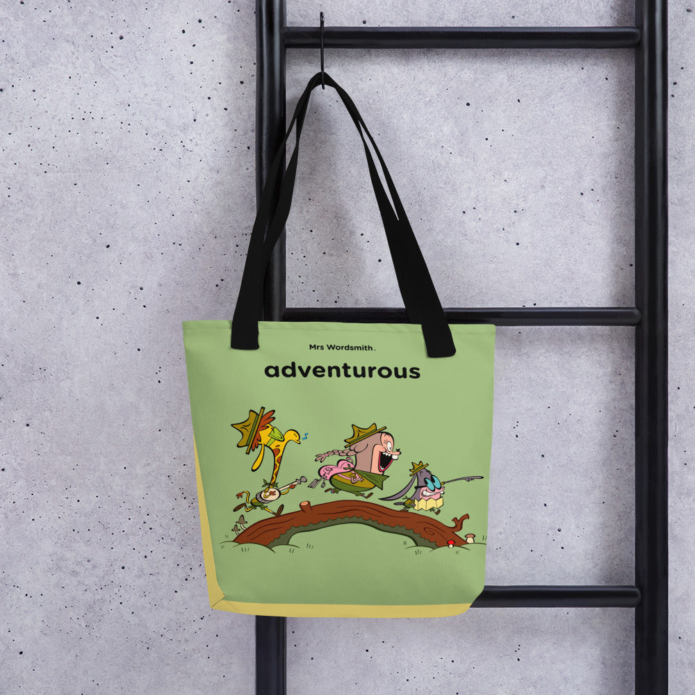 Black 15x15 tote bag with adventurous cartoon print