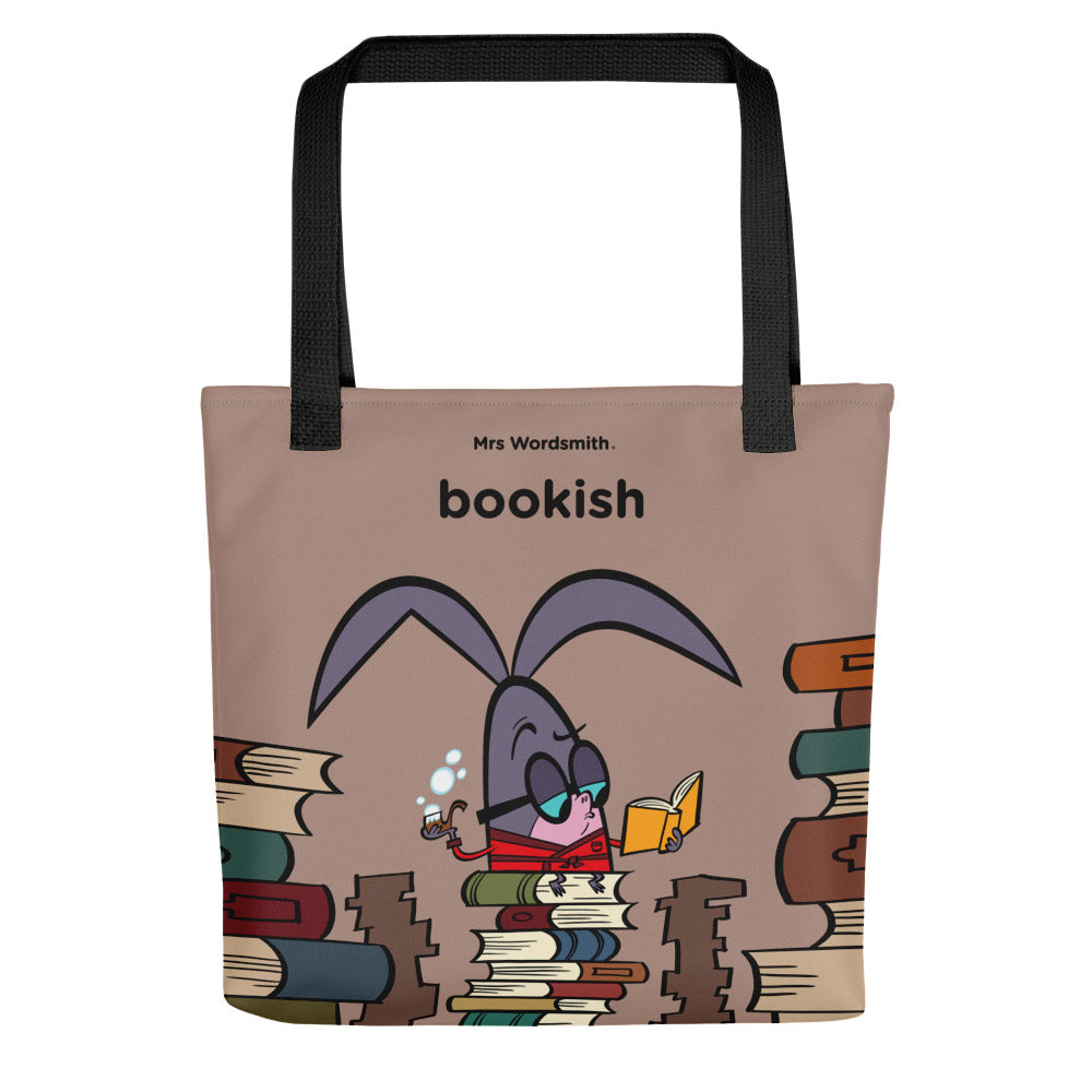 Black bookish tote bag with Mrs. Wordsmith illustration