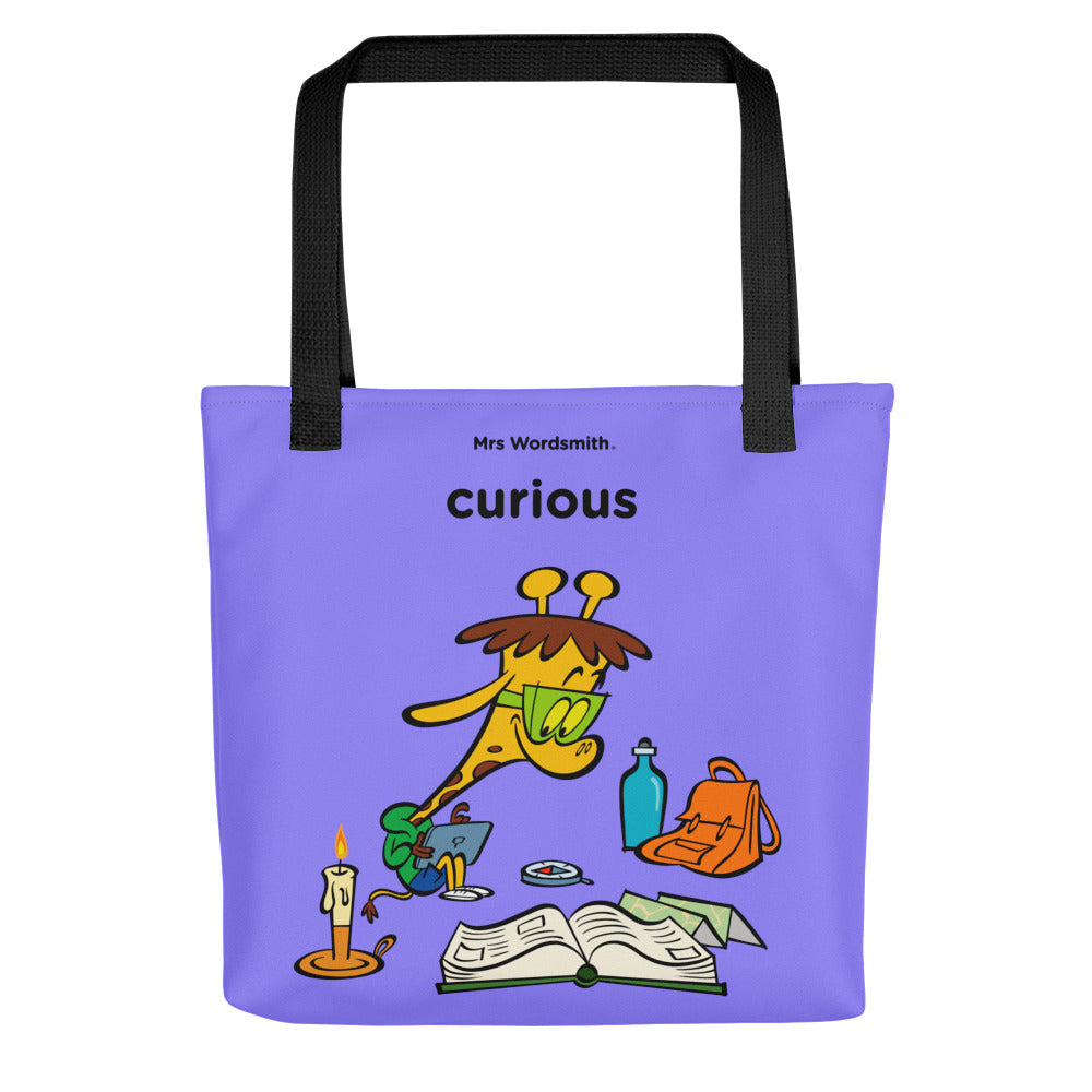 Black 15x15 curious all-over-print tote bag with giraffe illustration.