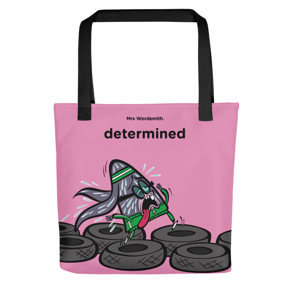 Black 15x15 tote bag with determined cartoon print.