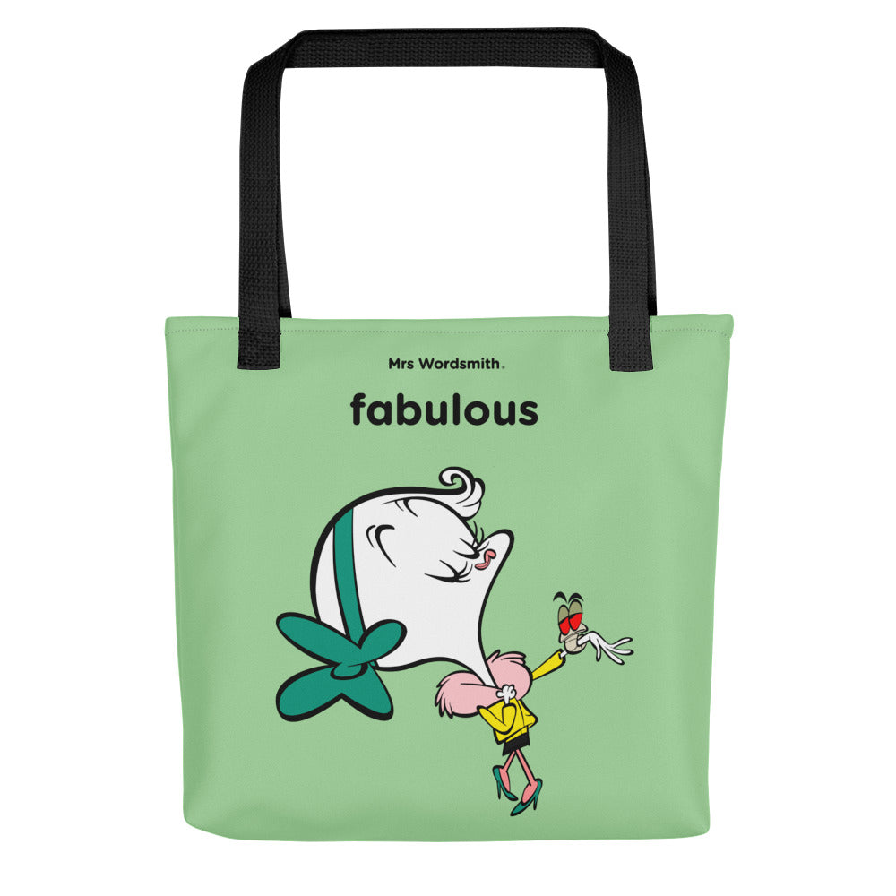 Black 15x15 Mrs. Wordsmith Fabulous all-over-print tote bag.