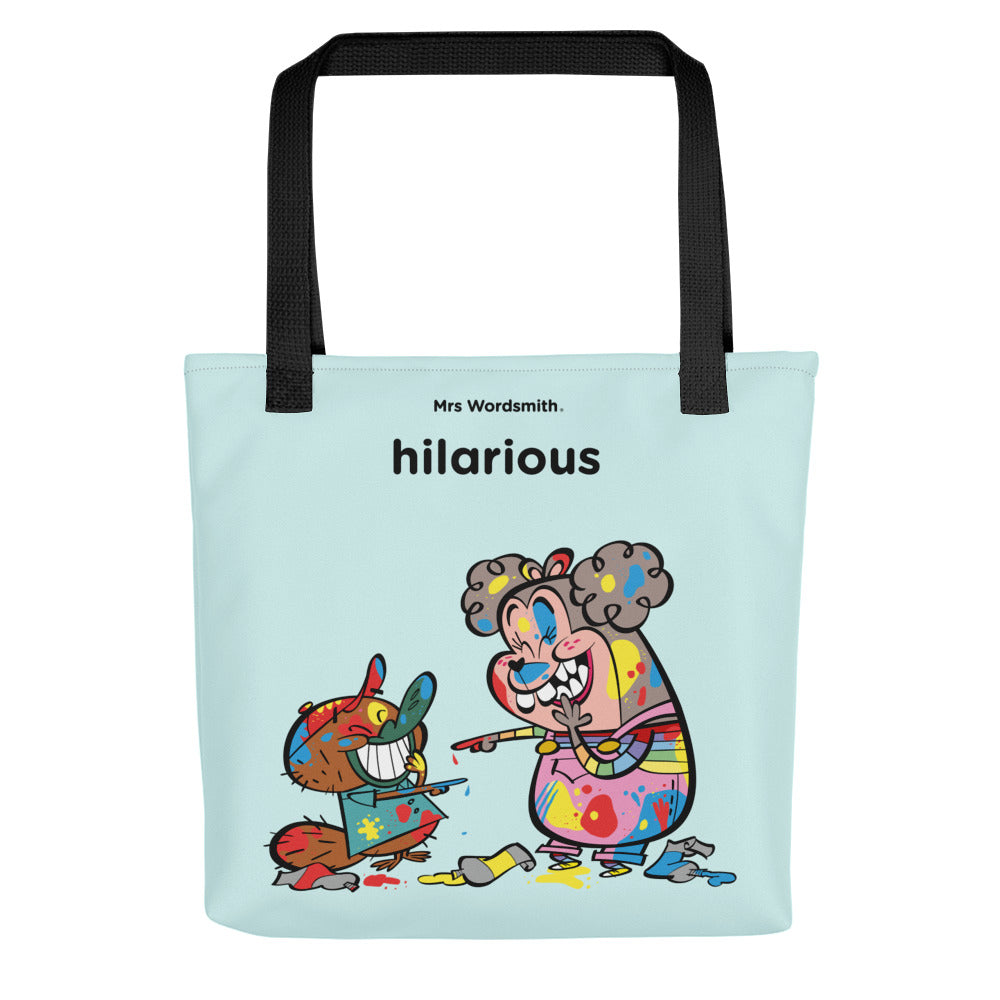 Black 15x15 hilarious all-over-print tote bag