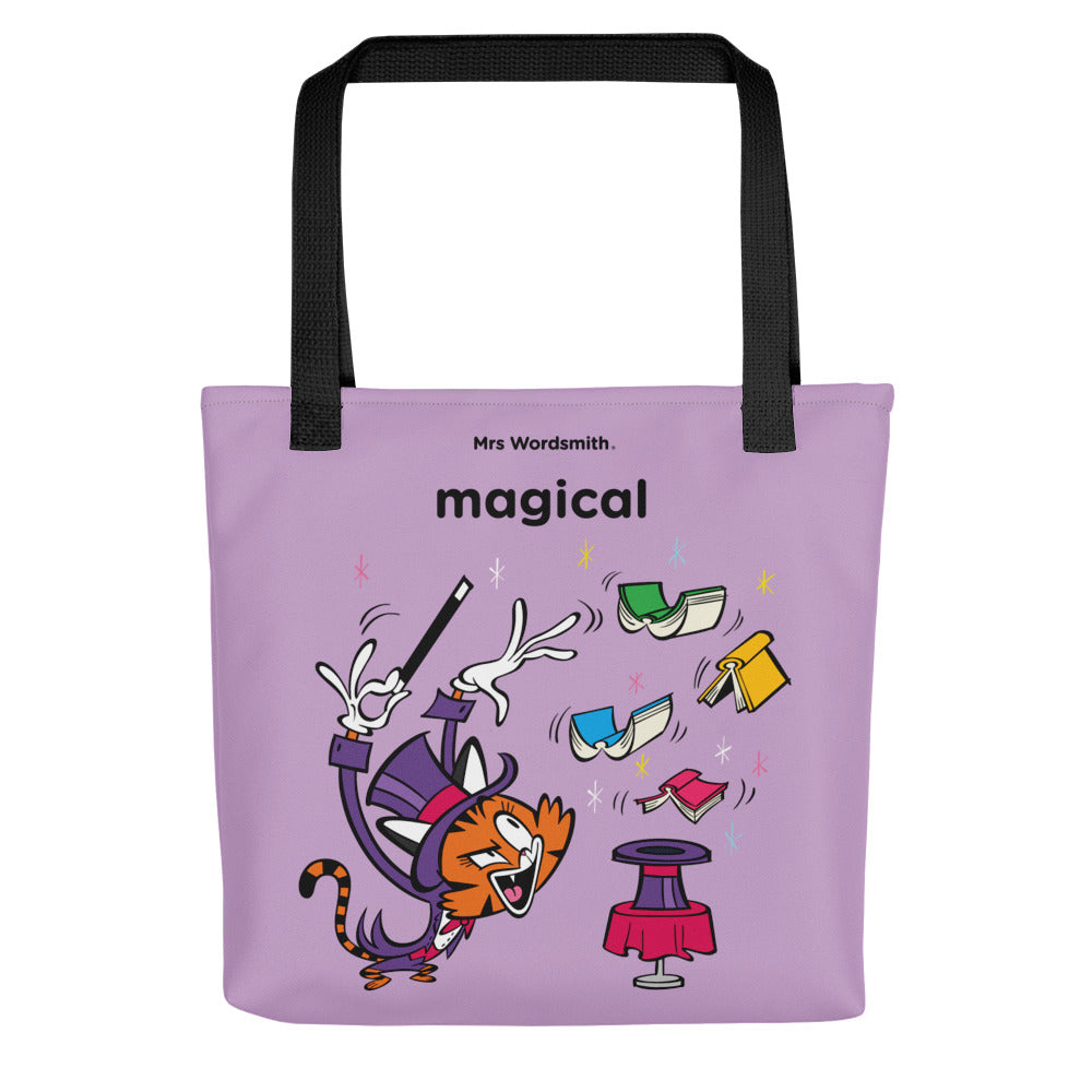 Black 15x15 magical cat tote bag front view