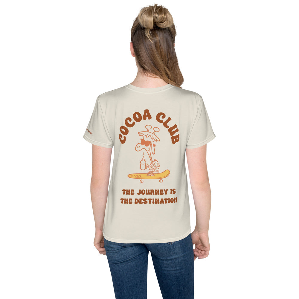 White youth crew neck t-shirt with Cocoa Club graphic on back.