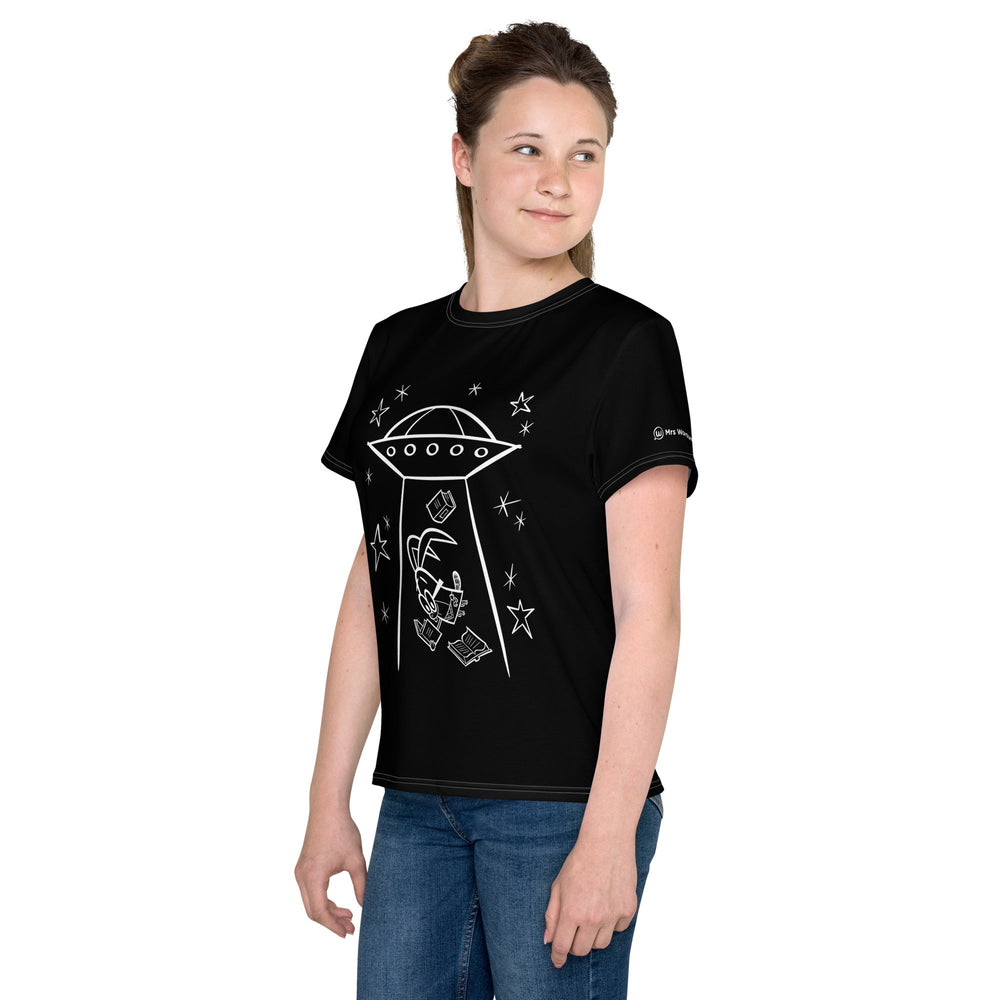 Youth white UFO t-shirt, left view