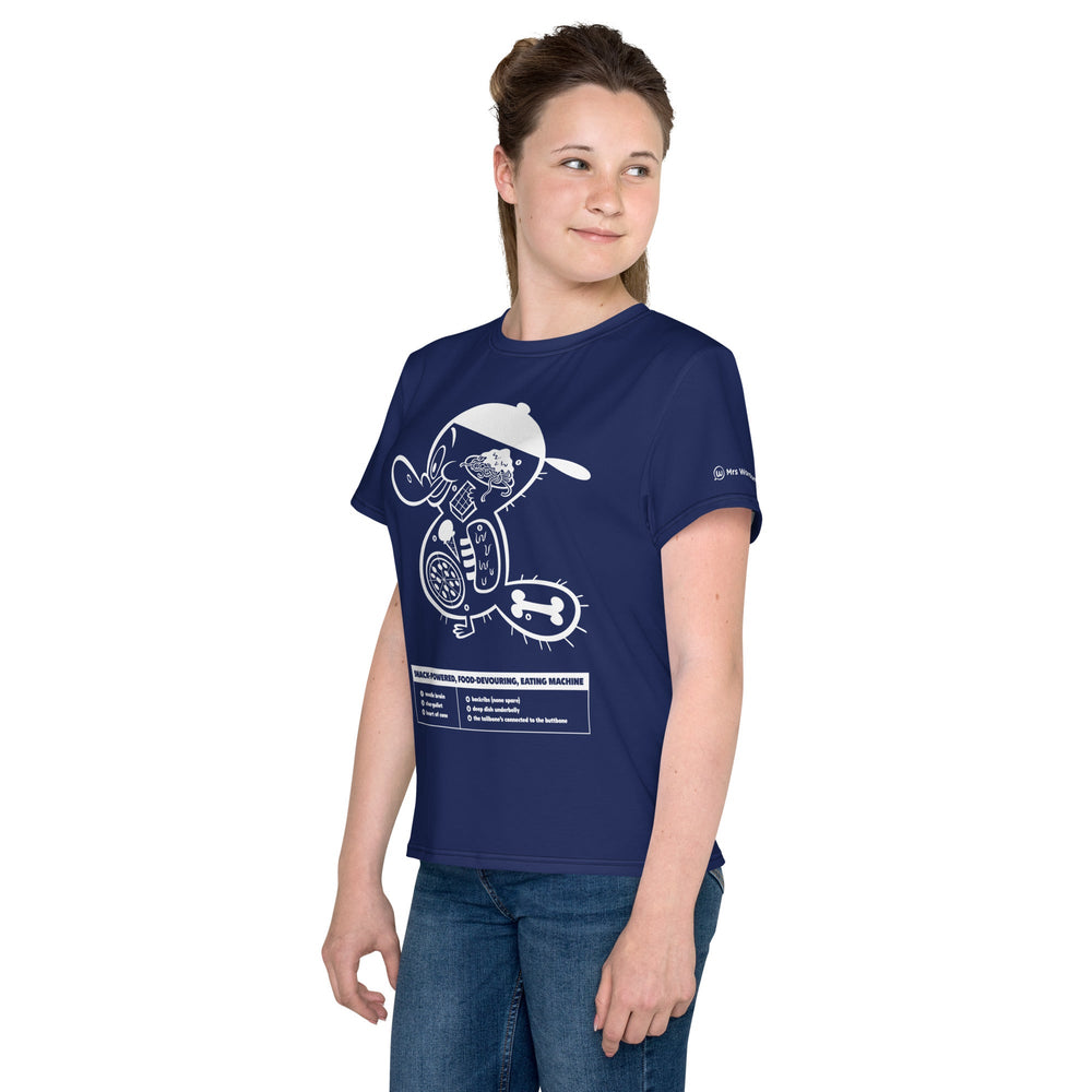 White youth crew neck t-shirt with graphic on left side