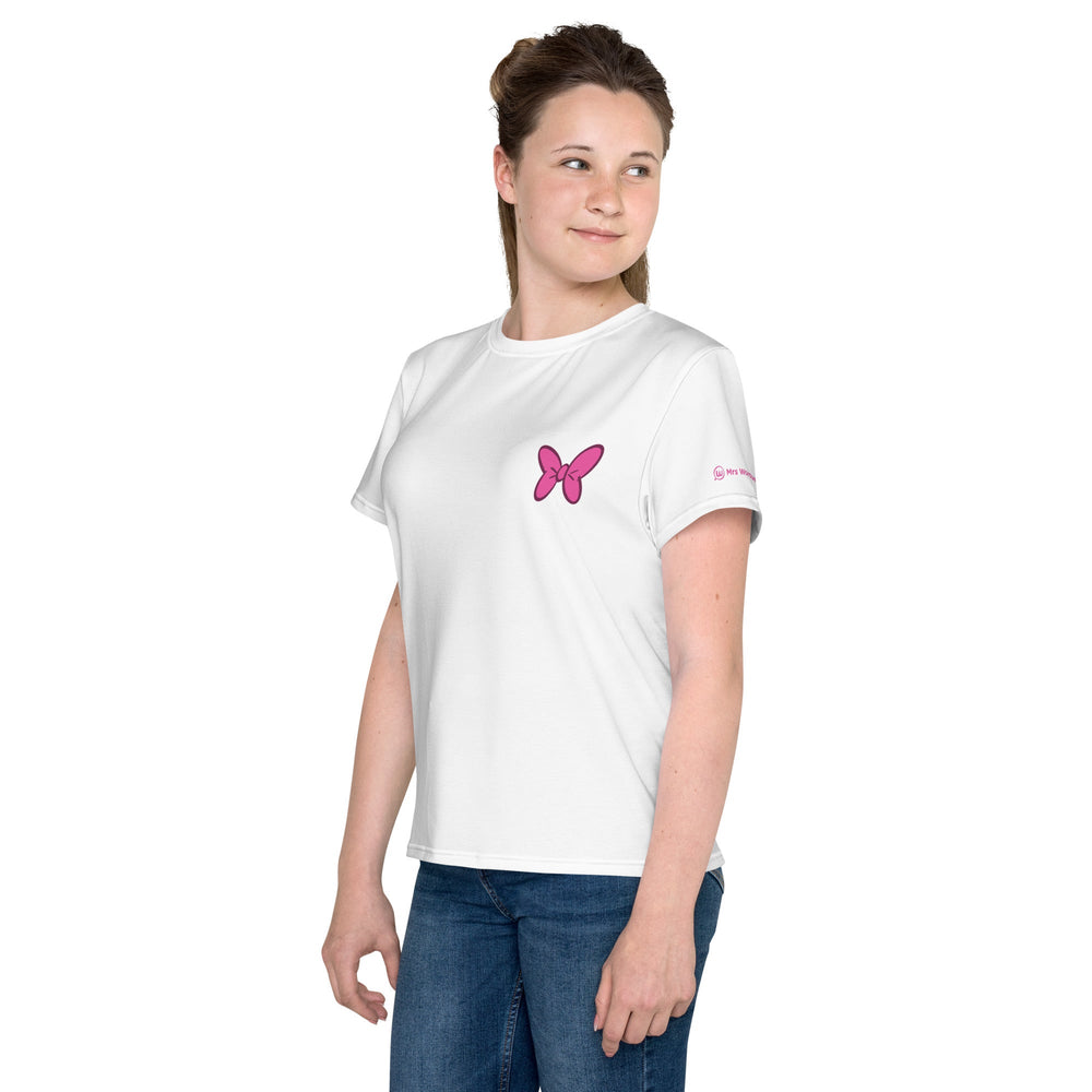 Girl in white youth crew neck t-shirt with pink butterfly print