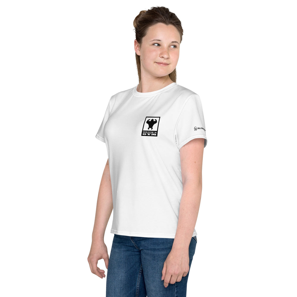 Youth white crew neck t-shirt with graphic, left side