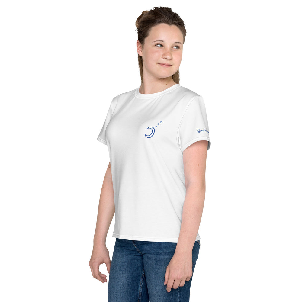 White youth crew neck t-shirt with logo, left side.