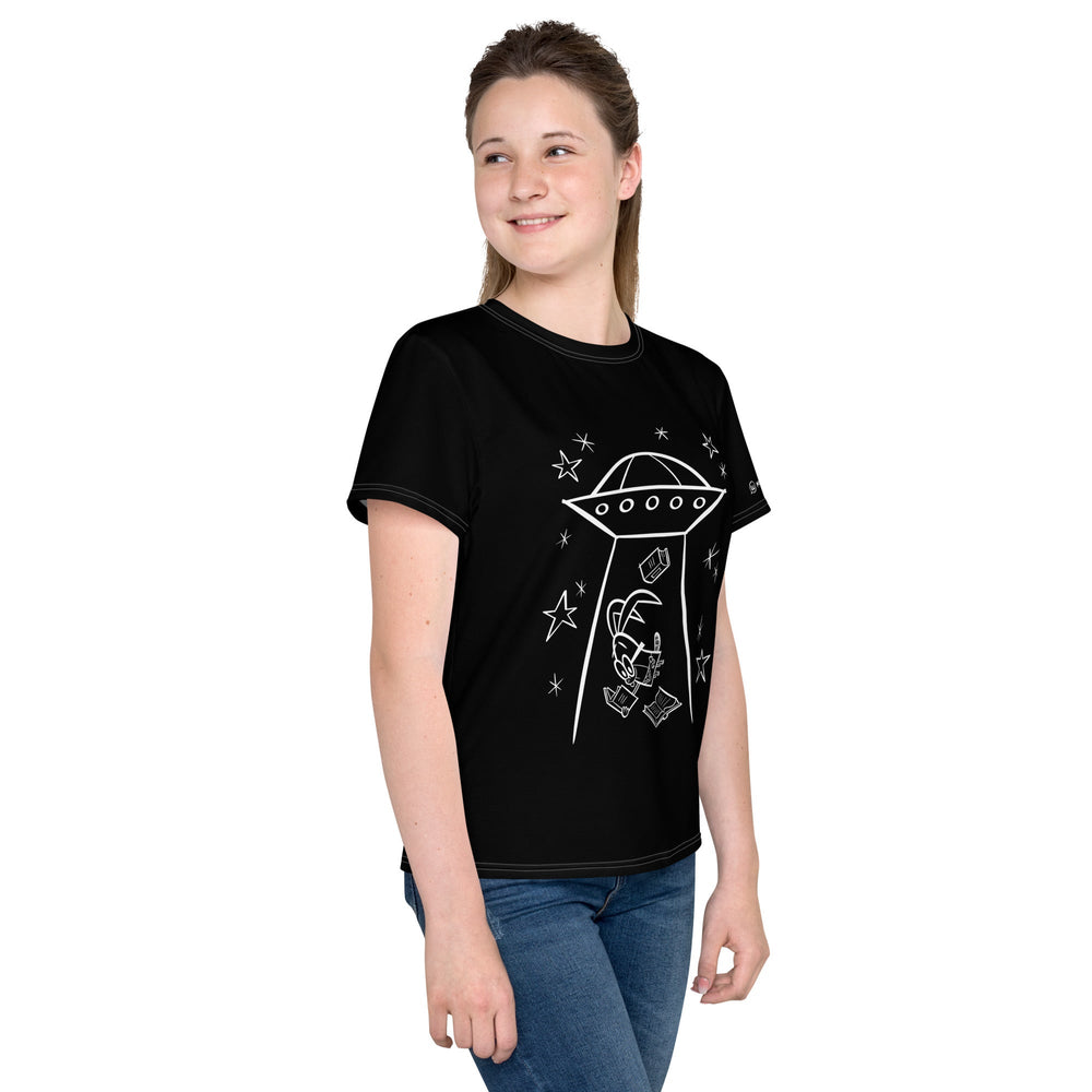 Youth white UFO t-shirt on girl