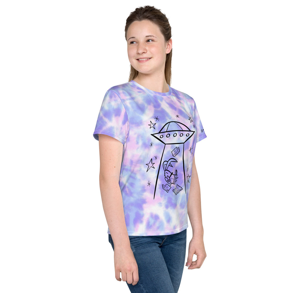 Youth white tie-dye t-shirt with alien graphic