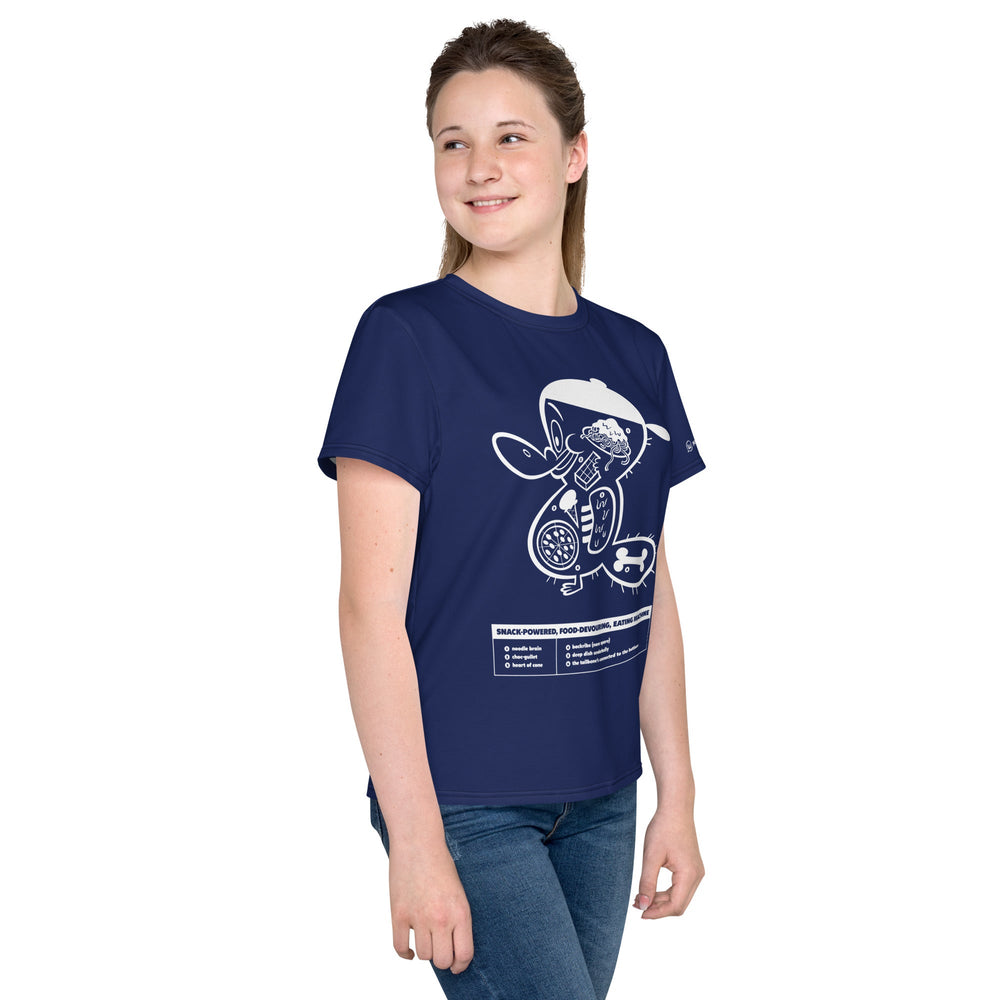 Youth wearing white all-over-print crew neck t-shirt