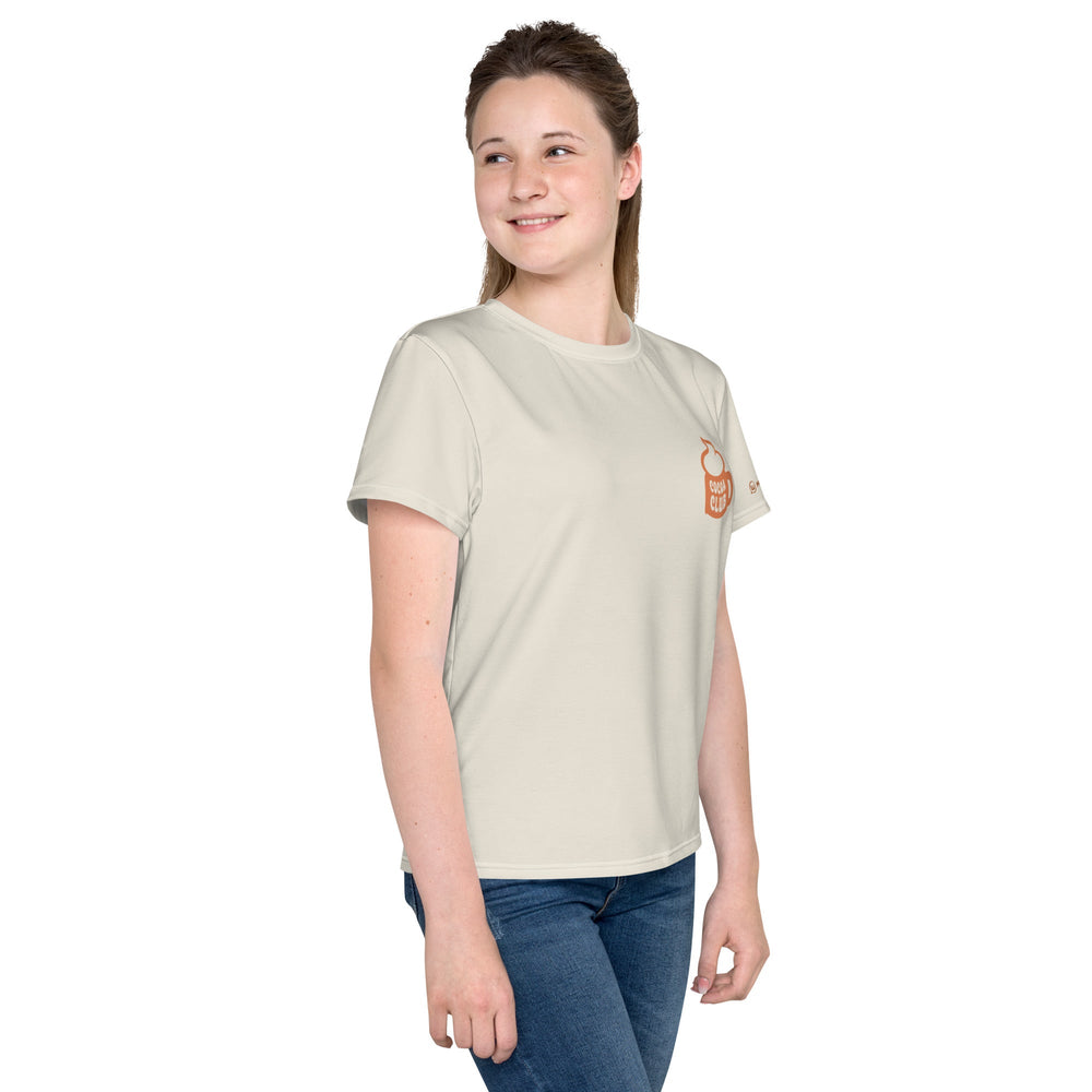 Youth white crew neck t-shirt with print, worn by a girl