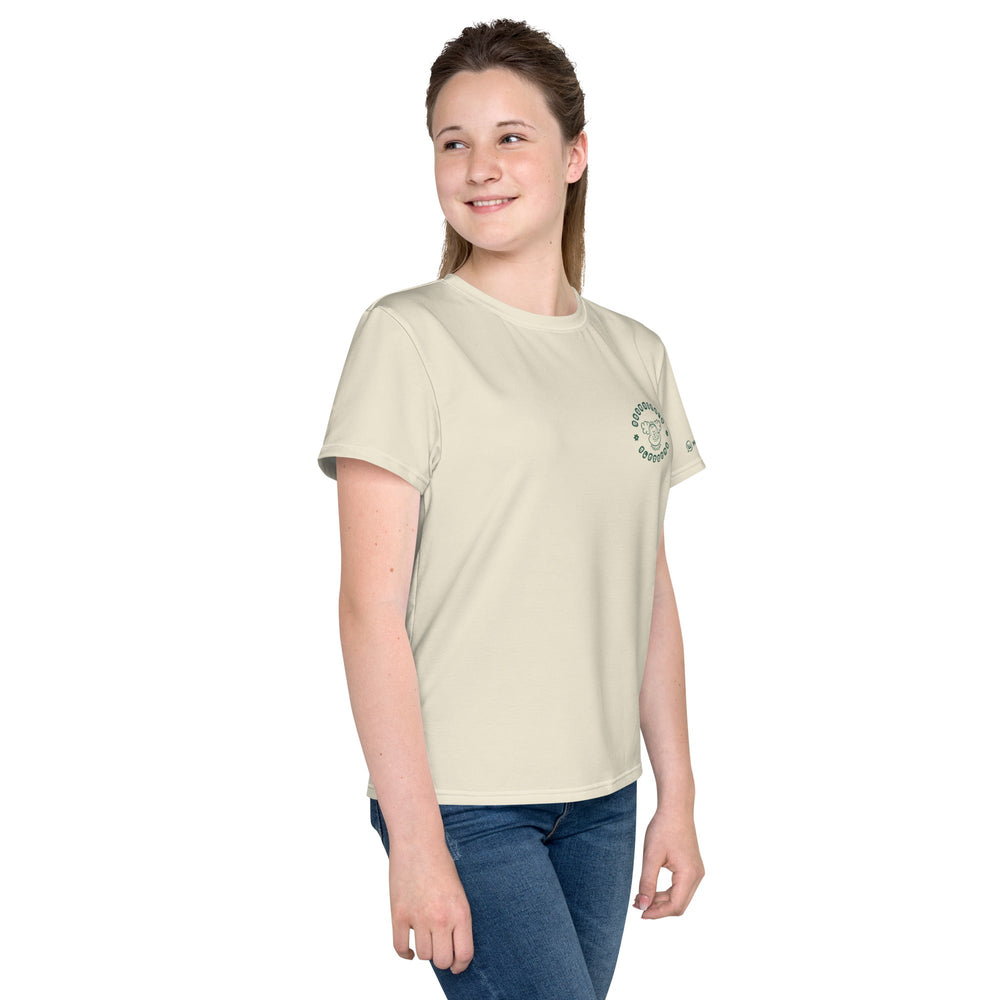 Youth wearing all-over-print white crew neck t-shirt