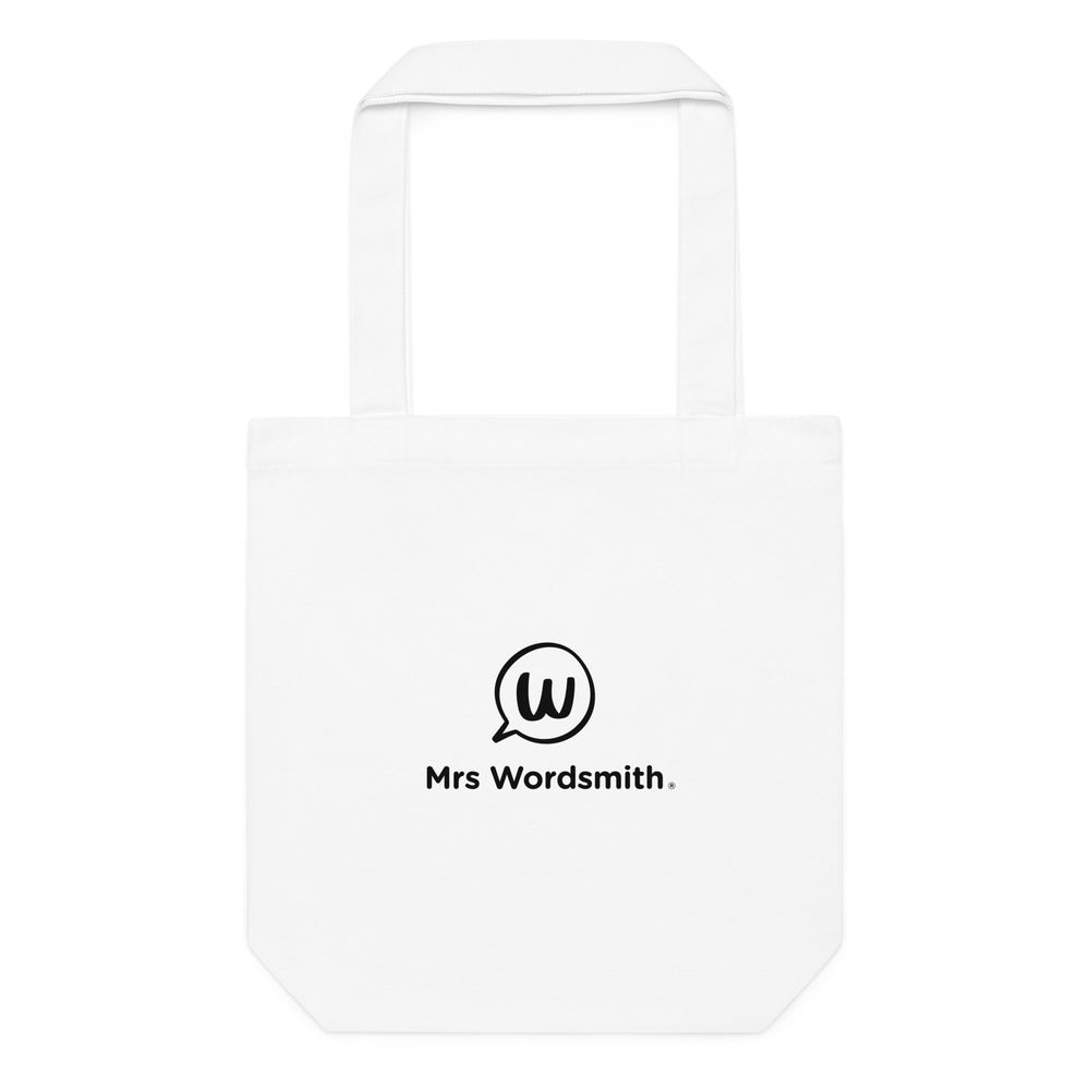 White cotton tote bag with Mrs. Wordsmith logo