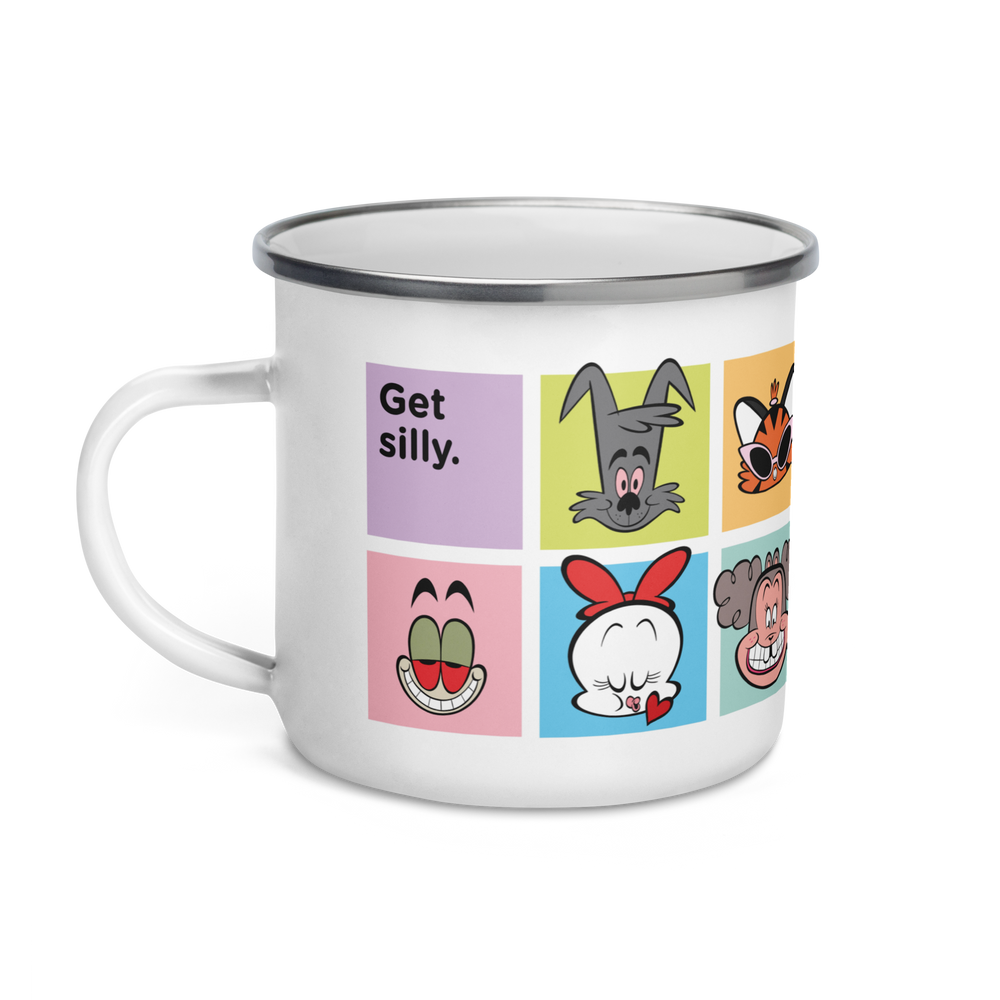 White enamel mug with Get Silly cartoon faces
