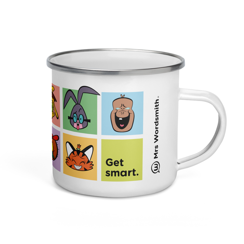White 12oz enamel mug with cartoon characters, Get smart.
