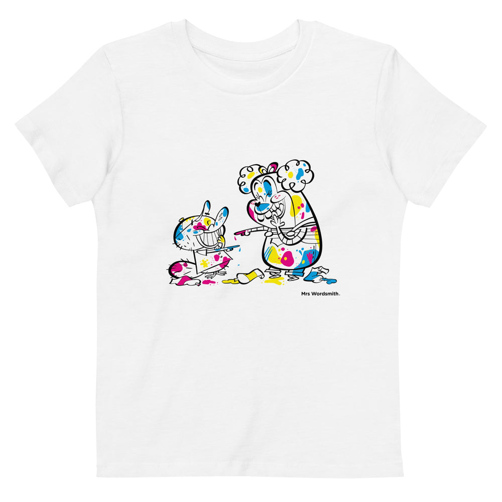 White organic cotton kids t-shirt with colorful art