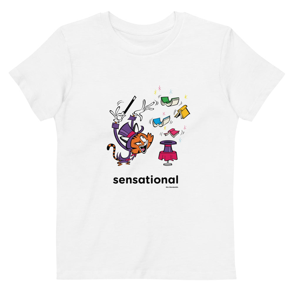 White organic cotton kids t-shirt with a sensational cartoon graphic