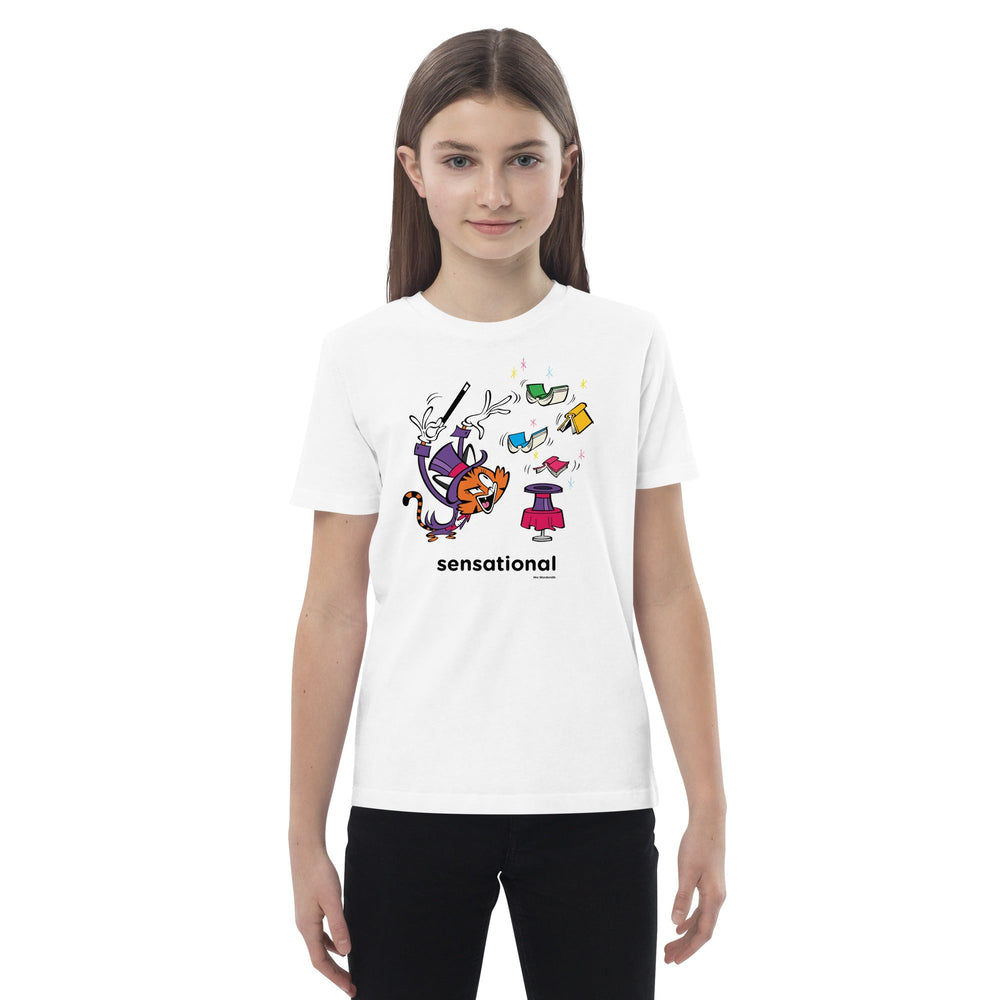 White organic cotton kids t-shirt front with cartoon graphic