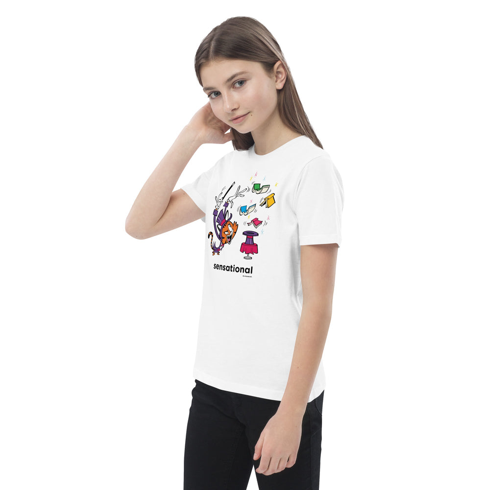 White organic cotton kids t-shirt with graphic, left front view.