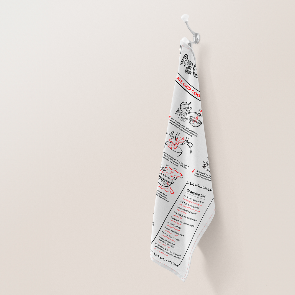 Recipe tea towel mock-up hanging on wall