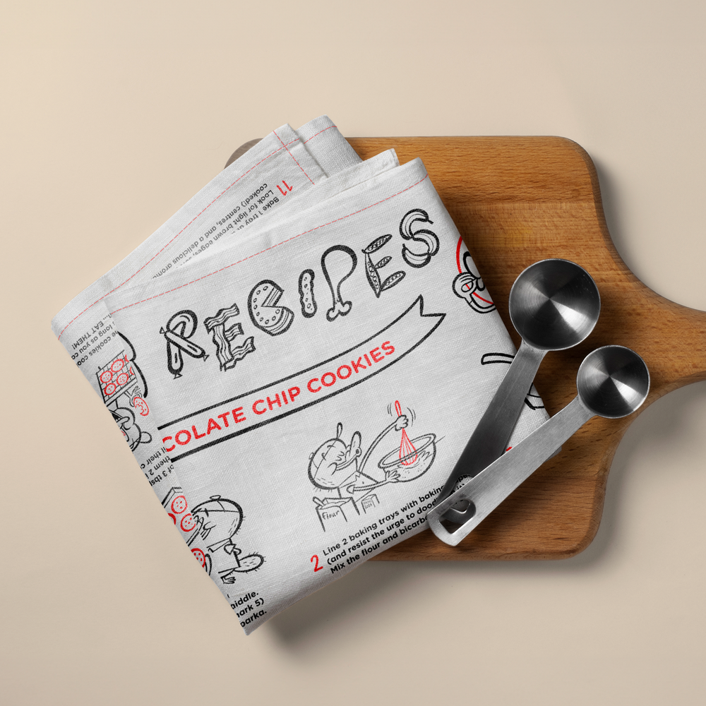 Teatowel mock-up with chocolate chip cookie recipe illustration
