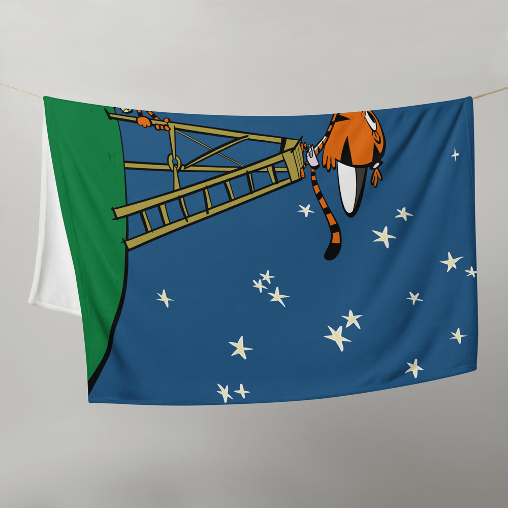 Throw blanket with tiger on a ladder in the stars.